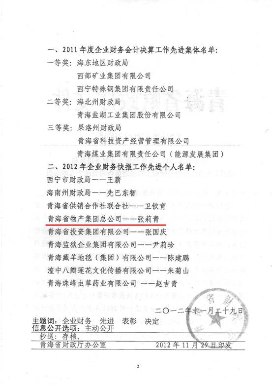 物產(chǎn)集團(tuán)榮獲2011年度財務(wù)決算先進(jìn)單位、2012年度財務(wù)快報工作先進(jìn)個人表彰